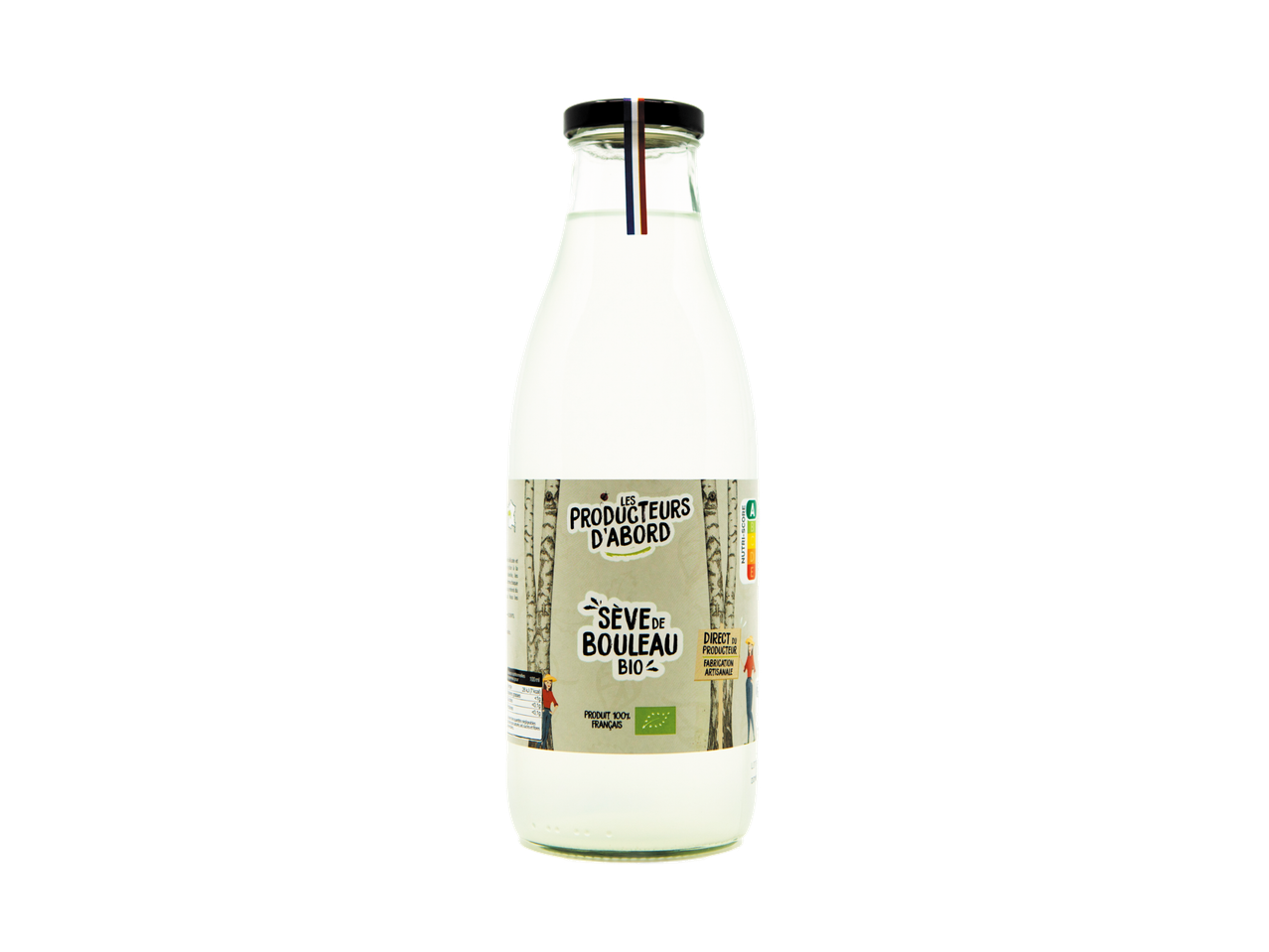 Bouteille de sève de bouleau bio avec l'inscription 'Produit 100% French' et un Nutri-Score A.