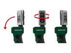 A work light with a rotating and pivoting head shown in three different positions.