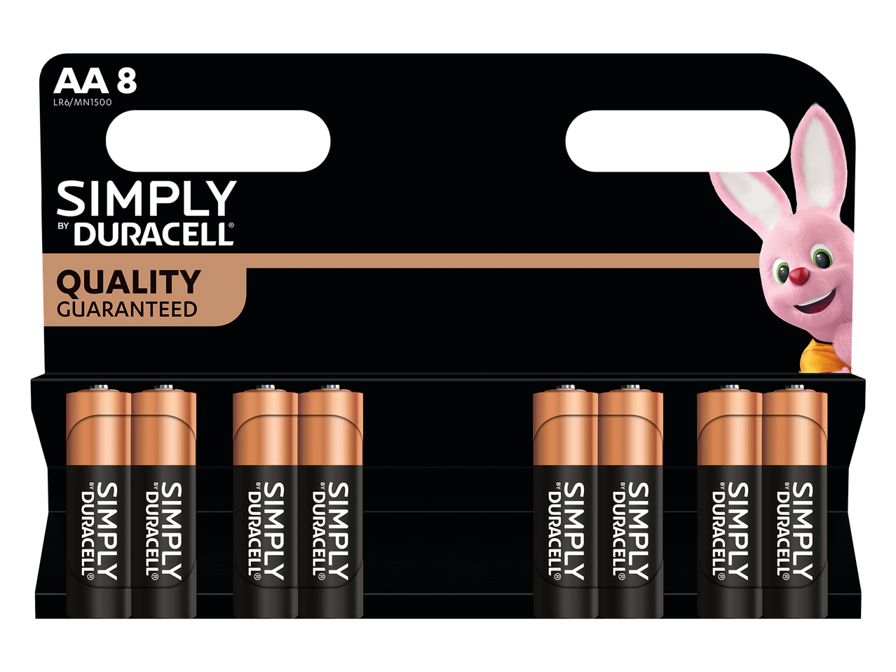 Een verpakking met acht AA-batterijen en een roze konijntje op de achtergrond.