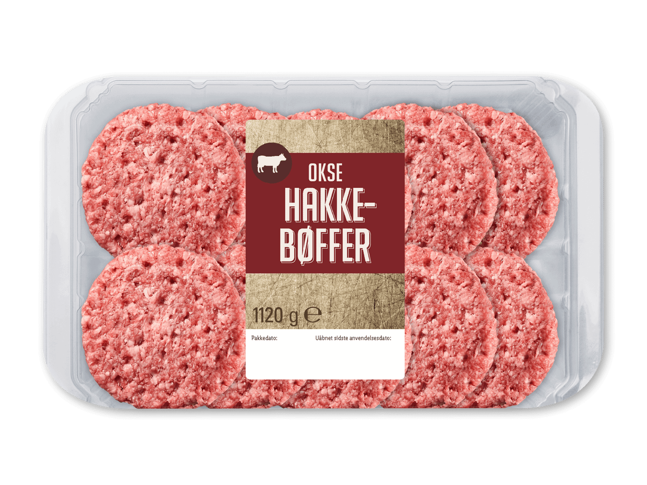 Pakke med oksehakkebøffer, 1120 g, med etiket der siger 'OKSE HAKKEBØFFER'.
