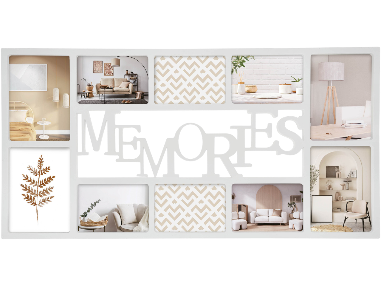 Photo frame with the word 'MEMORIES' and various home decor scenes.