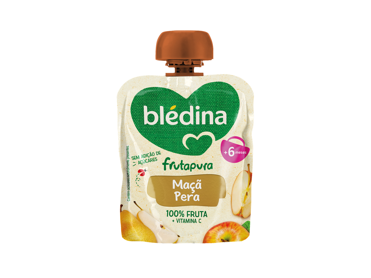 Saqueta de puré de fruta Blédina Frutapura de maçã e pera para bebés a partir dos 6 meses.