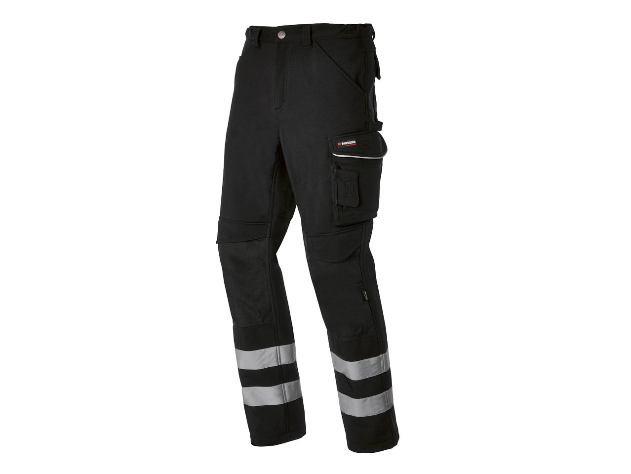 Pantalon de travail noir avec bandes réfléchissantes.