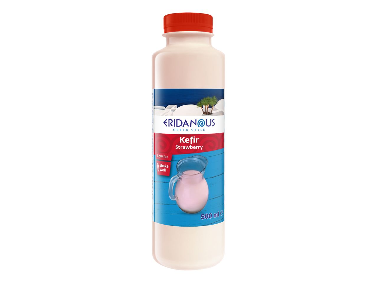 Steklenica grškega kefirja z okusom jagode Eridanous (500 ml).