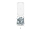 Open plastic box filled with silver nails, with one nail standing upright below.