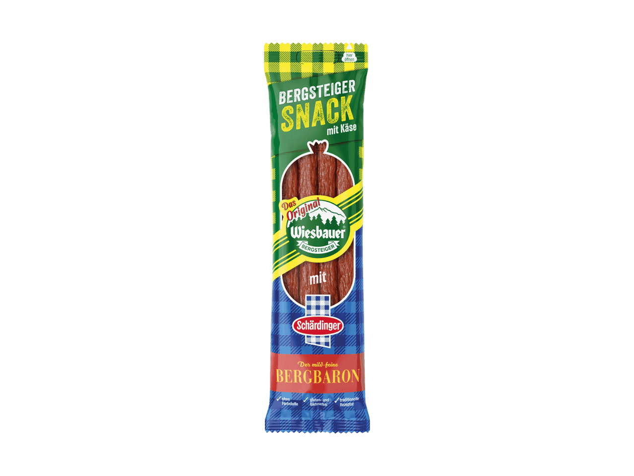 Schärdinger Wiesbauer Bergsteiger Snack mit Käse:  Mild-feine Bergbacon-Stücke im praktischen Beutel.