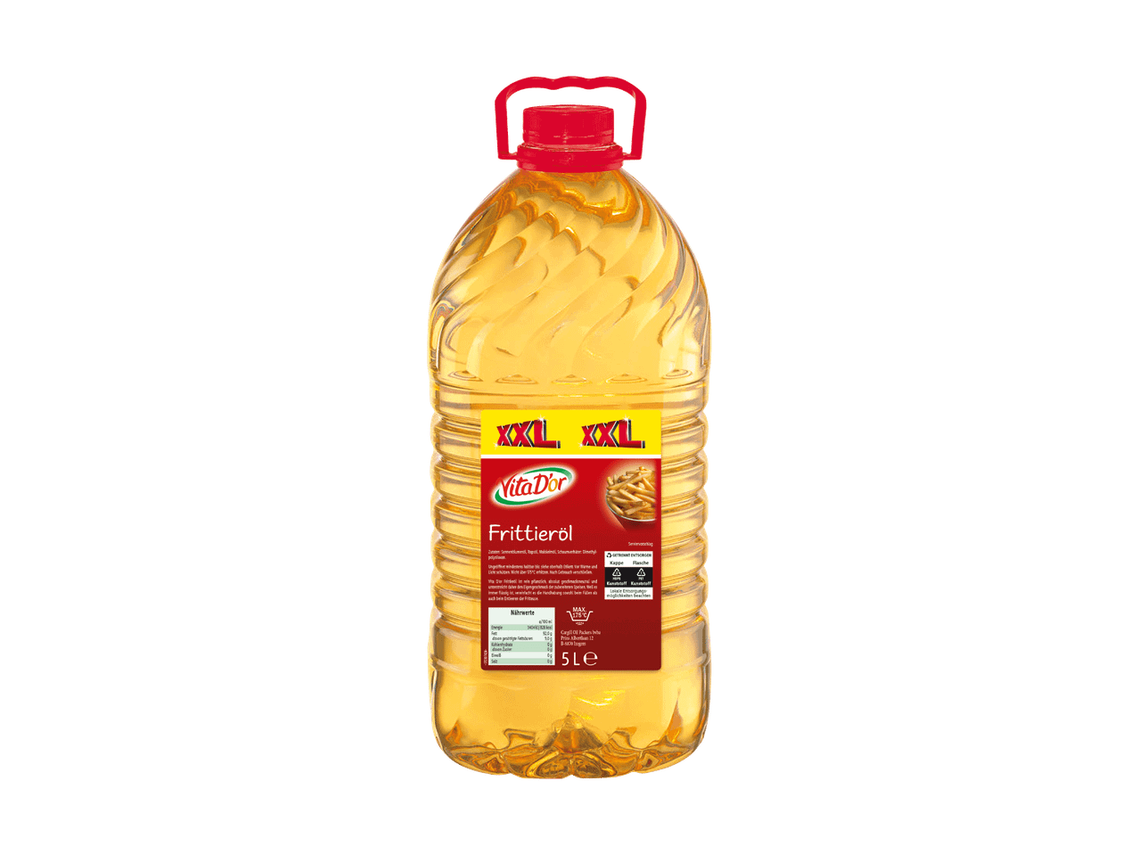 Fünf-Liter-Flasche Frittieröl mit rotem Deckel und Etikett mit Nährwertangaben.