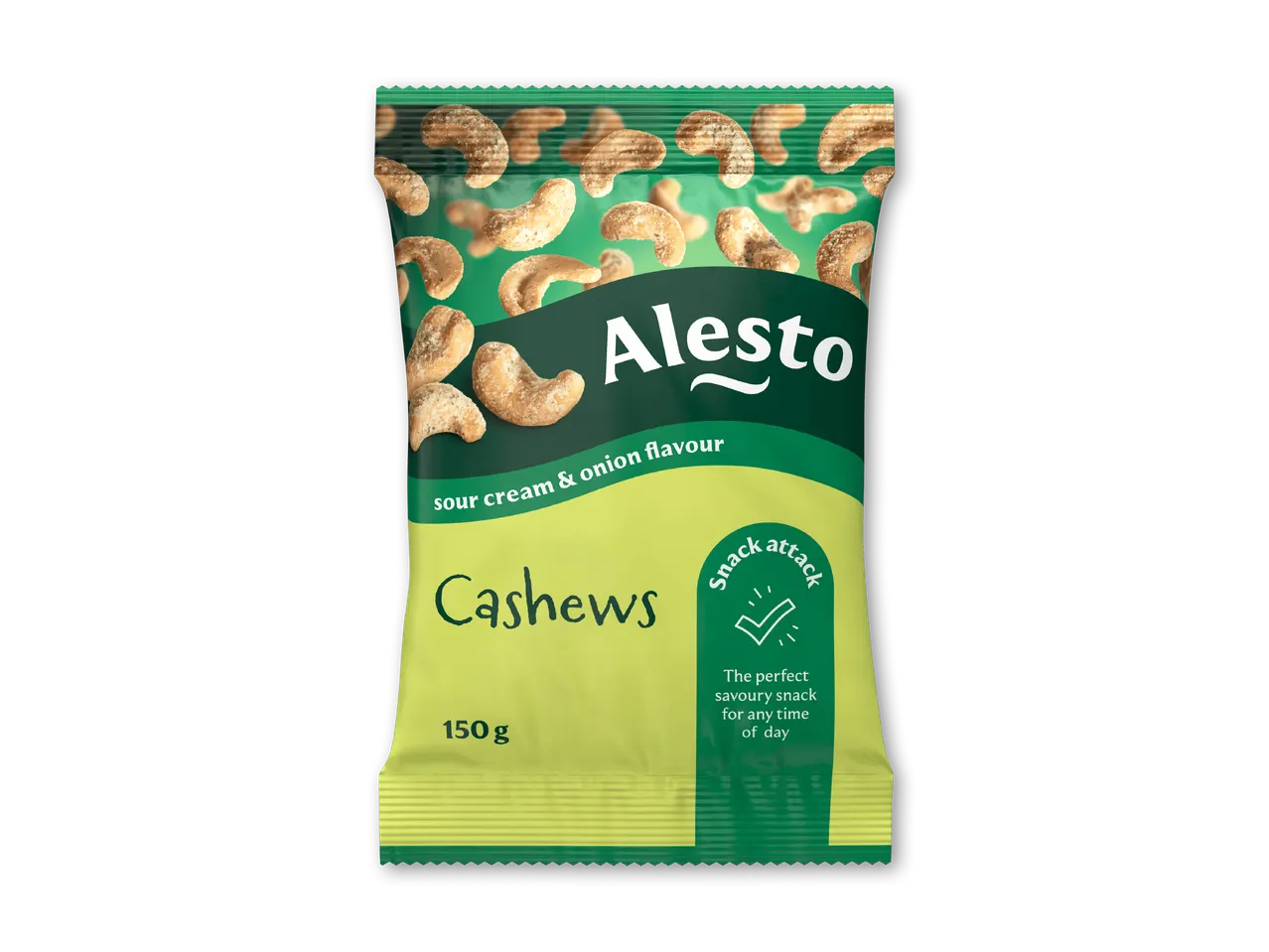 Pose med cashewnødder med smag af creme fraiche og løg, 150g.