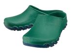 Pair of green garden clogs with blue soles