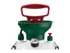 Close-up of a garden pressure sprayer with a red handle, green funnel, and pressure gauge.