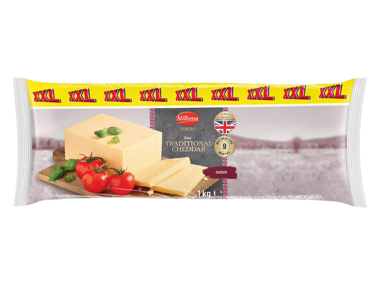 XXL méretű, 1 kg-os, érlelt brit cheddar sajt, paradicsommal és bazsalikommal.