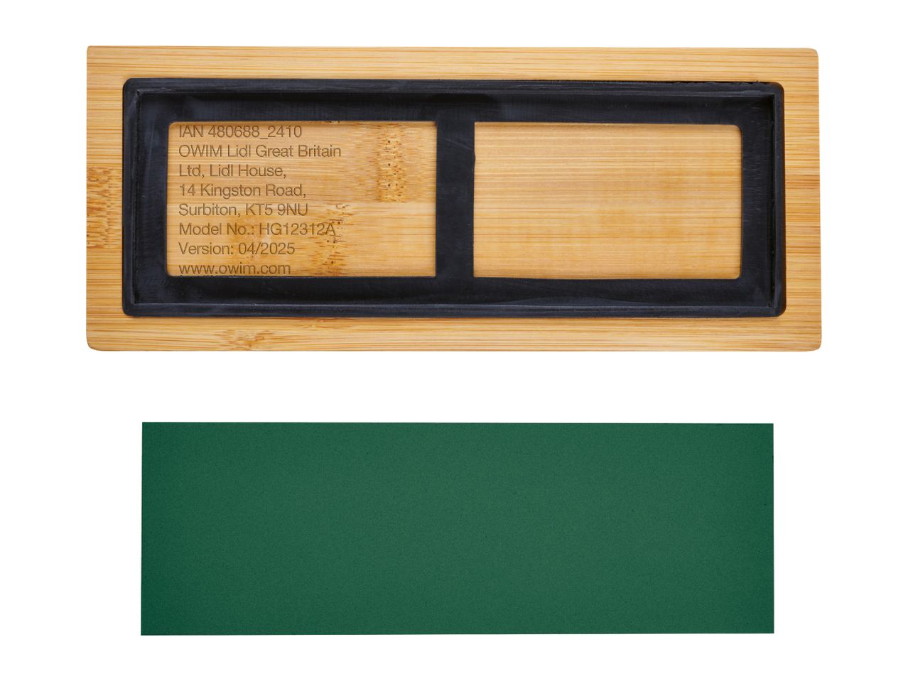 Bamboo and green felt product packaging with OWIM branding and product information.