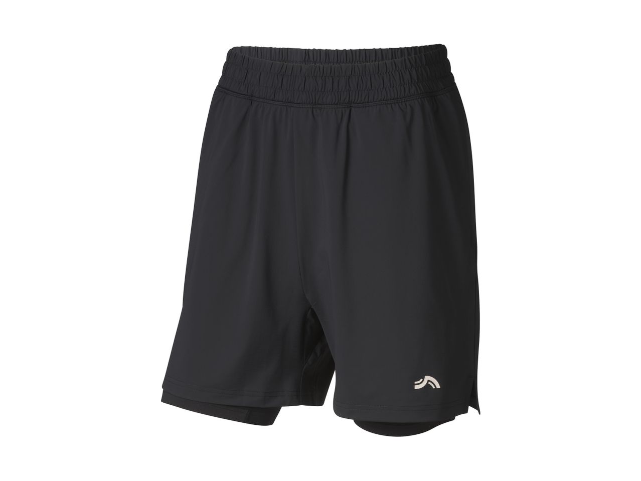 Black men's sports shorts with an elastic waistband and a small logo on the left leg.