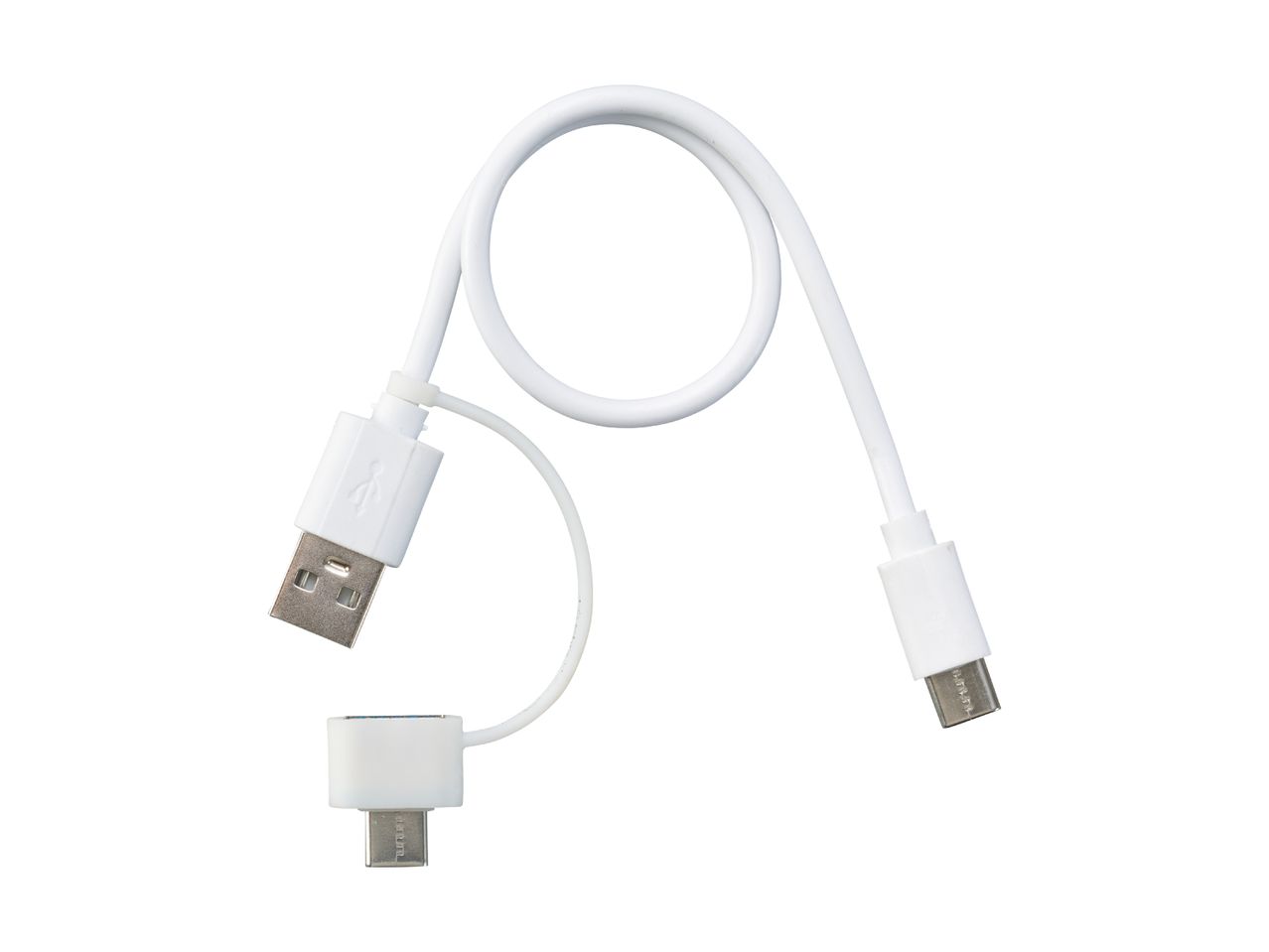 White USB-A to USB-C and Micro-USB charging cable