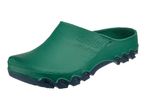 Green garden clog with a dark blue sole, viewed from the side.