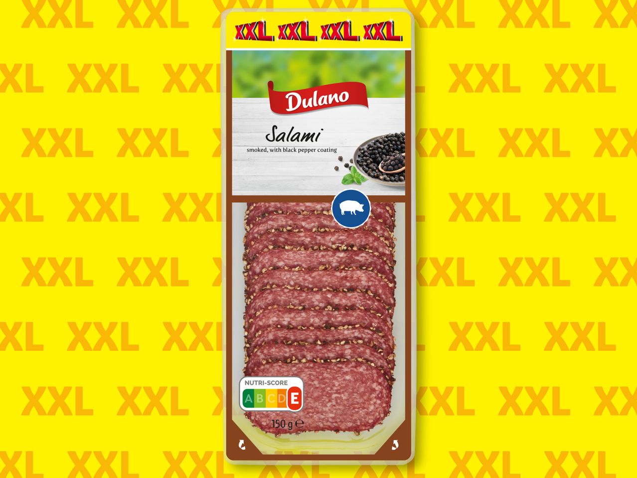 Опаковка със салам с посипка от черен пипер на Dulano XXL, показана върху жълт фон.
