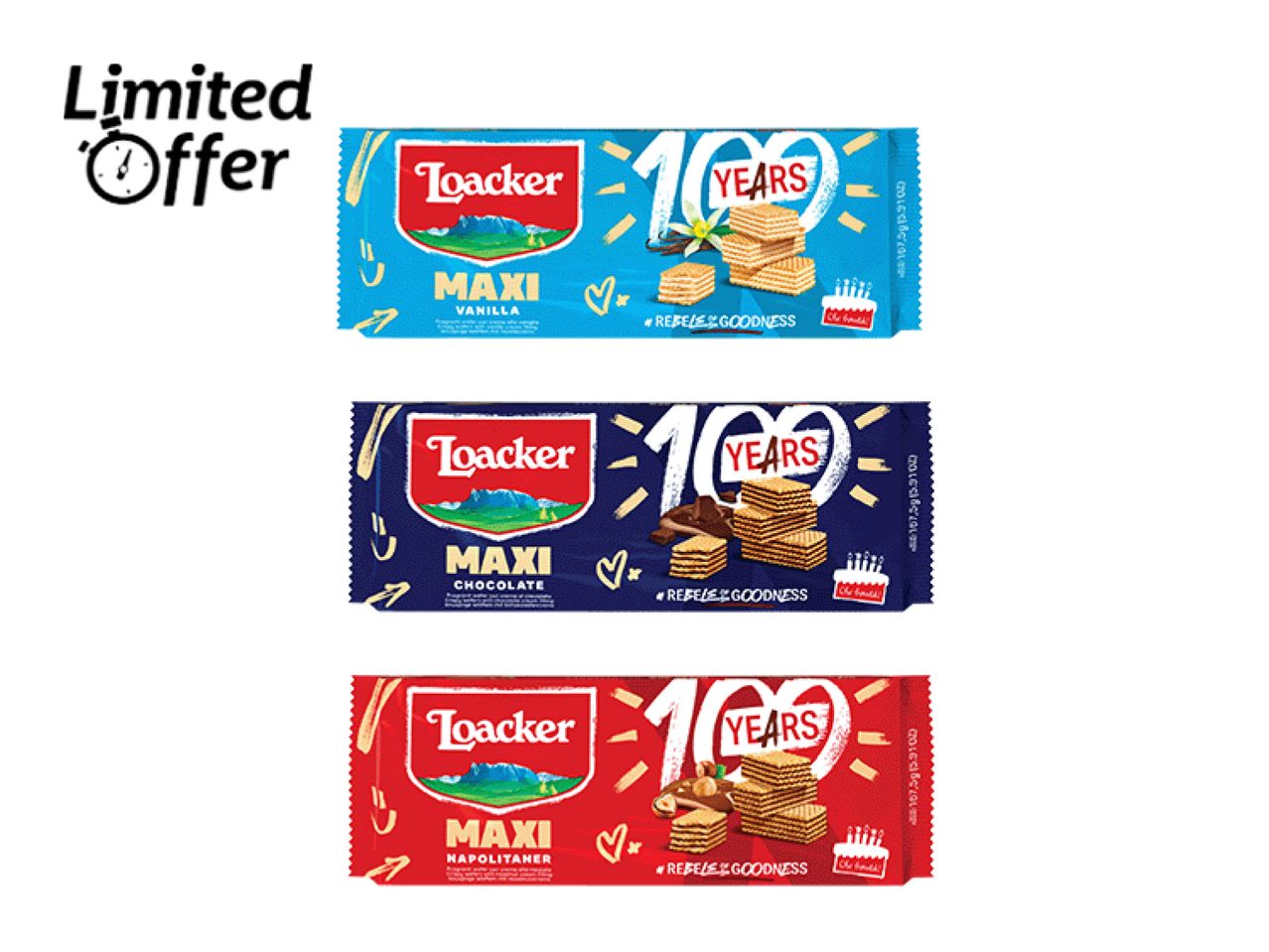 Loacker Maxi wafers in vanilla, chocolate, and Napolitaner flavors, with a 'Limited Offer' tag.