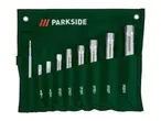 A set of 8 double-ended socket wrenches and a handle in a green fabric roll-up pouch.