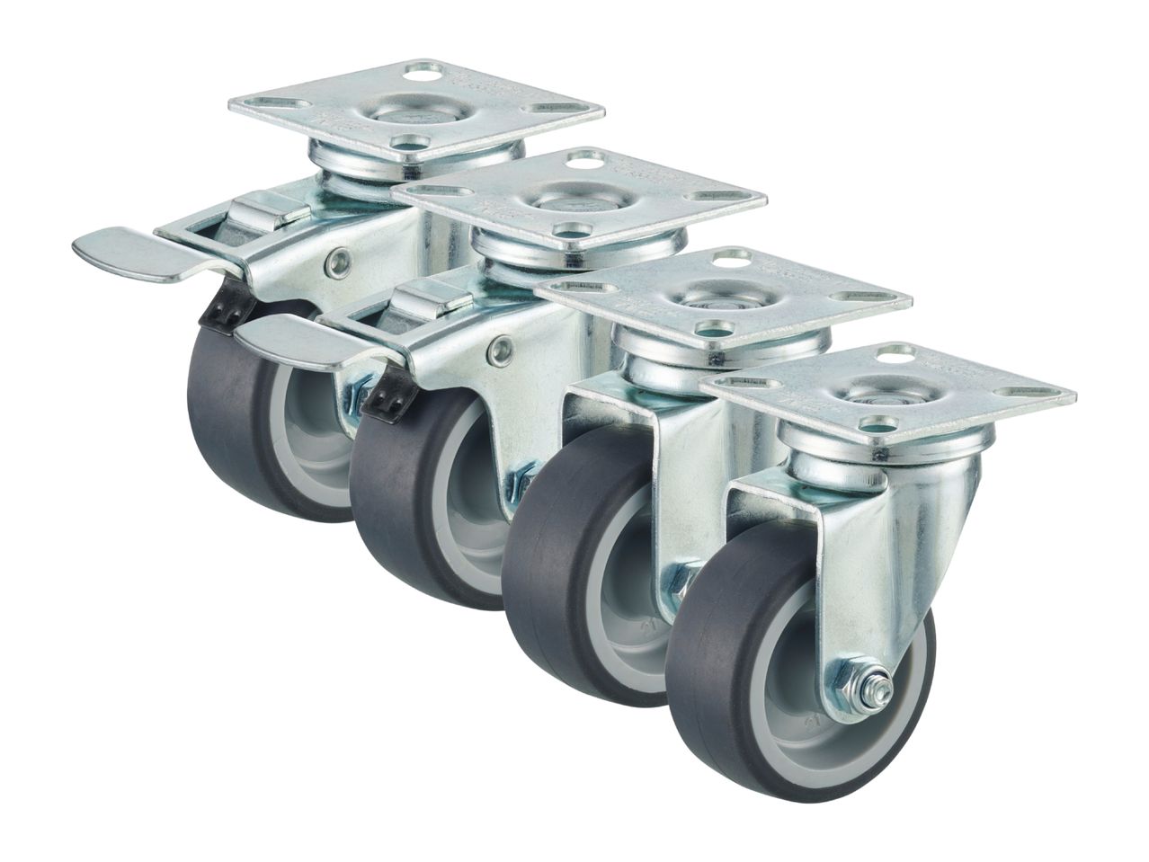 Four metal swivel casters with grey wheels, one with a brake lever, arranged diagonally.