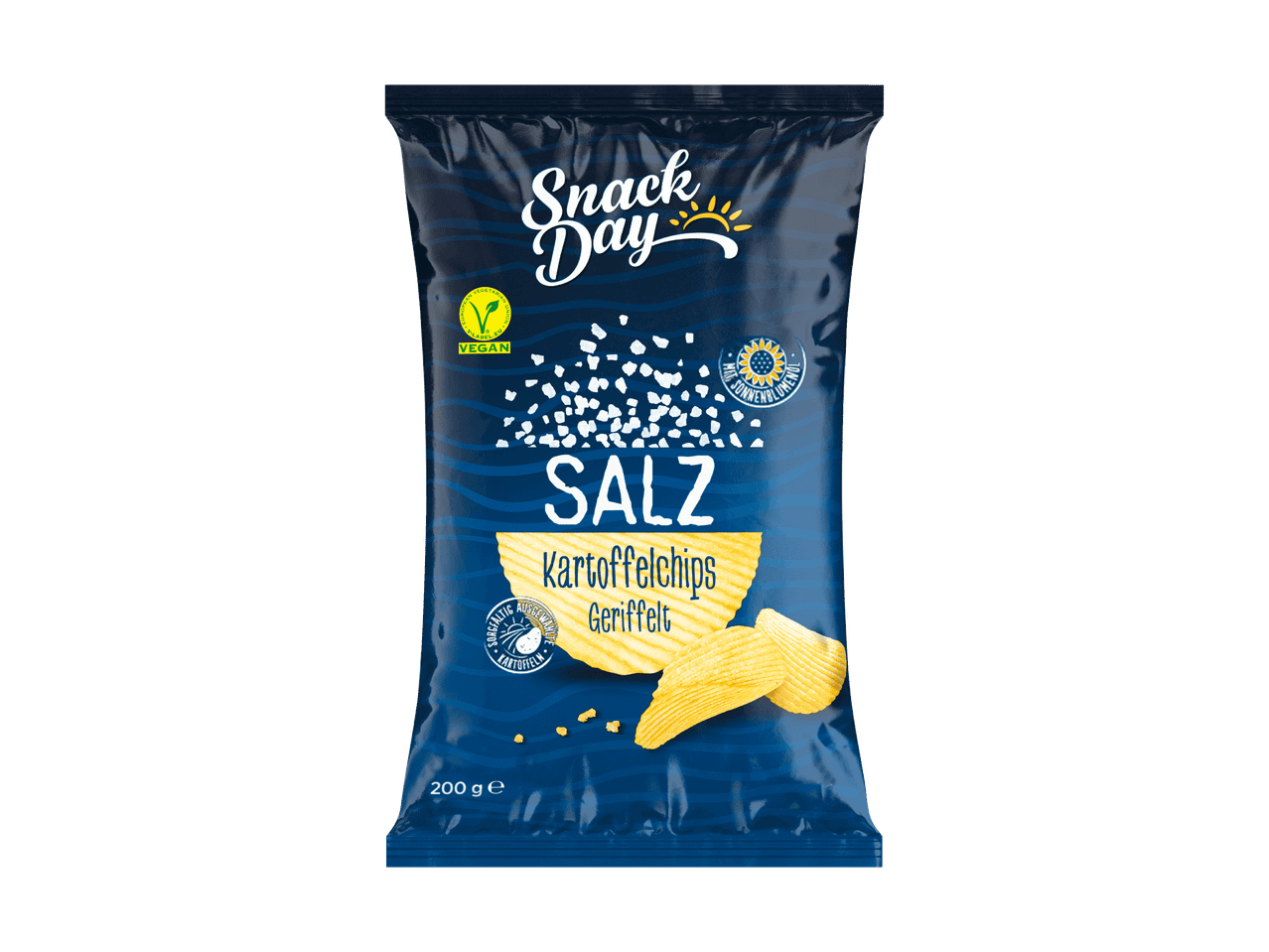 Tüte geriffelte Kartoffelchips mit Salz, vegan, mit Sonnenblumenöl, 200g.