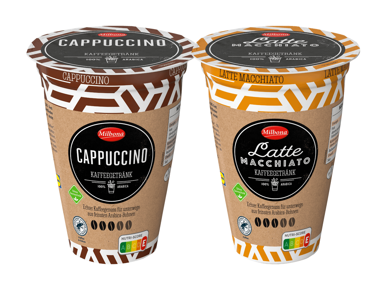 Zwei Becher Nescafé-Instantkaffee: Cappuccino und Latte Macchiato.