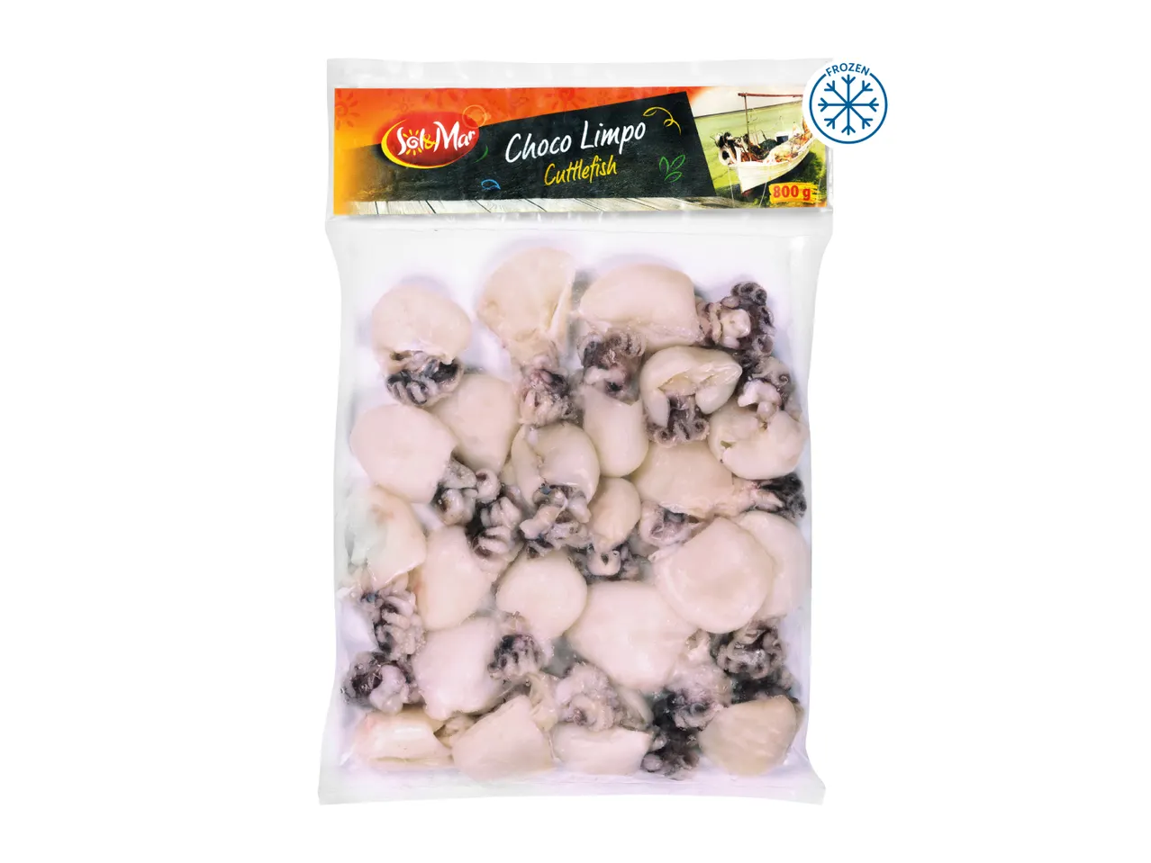 A clear plastic bag of frozen Solo Mar Choco Limpo Cuttlefish, 800g.