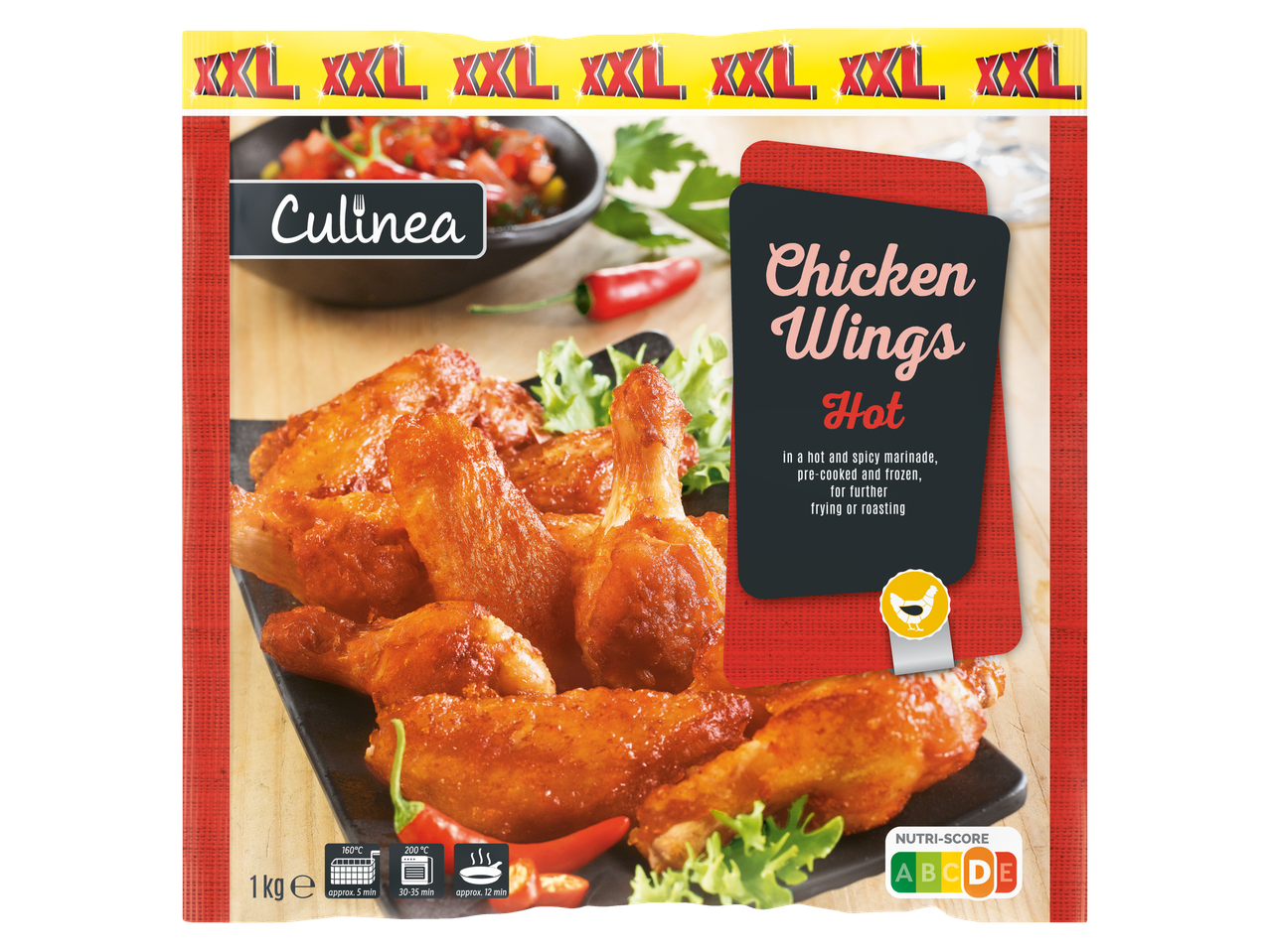 Culinea's XXL Hot Kippenvleugels: voorgekookt, bevroren, klaar om te bakken of te roosteren.