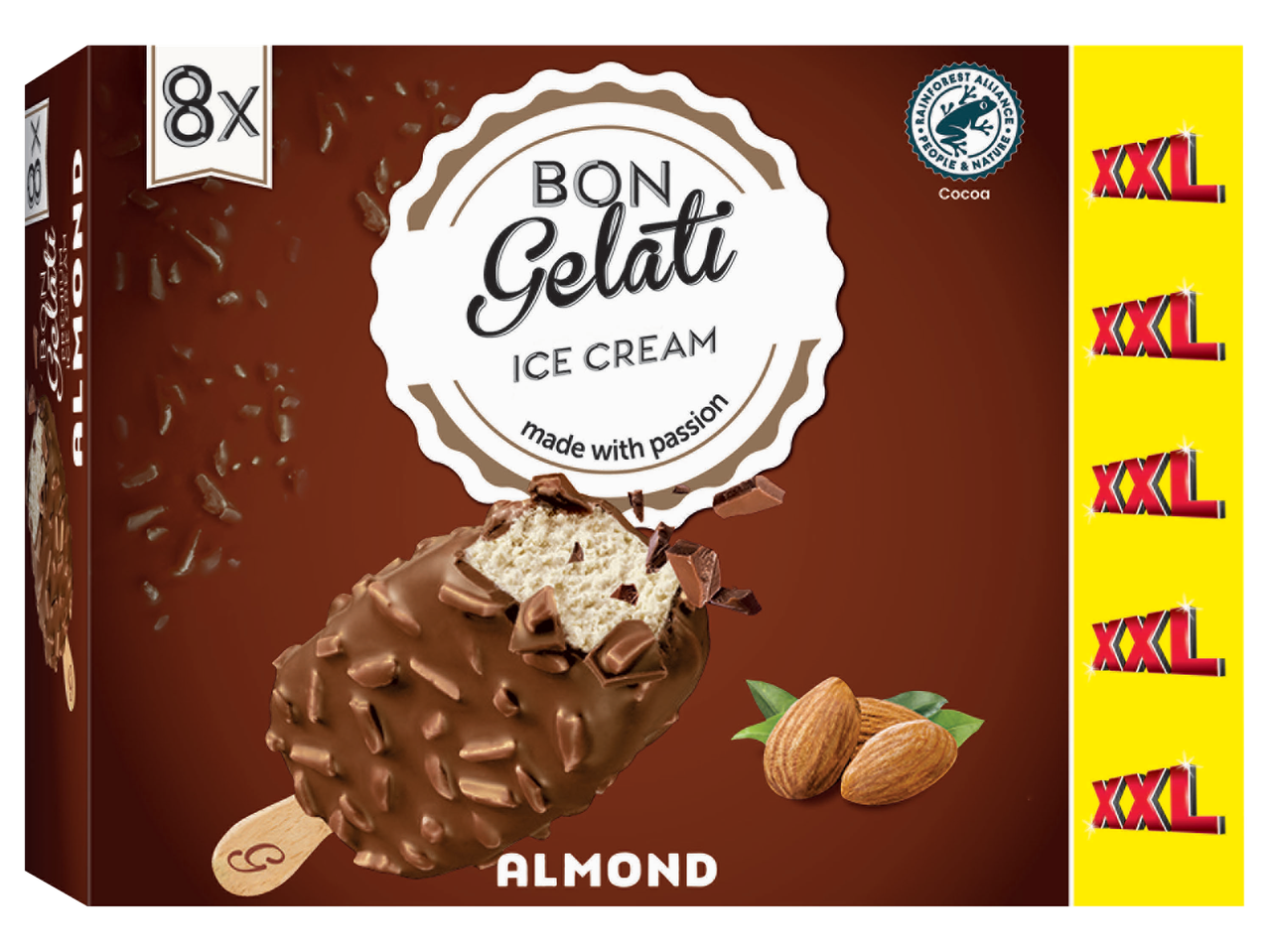 Confezione da 8 gelati Bon Gelati al gusto mandorla, ricoperti di cioccolato e granella di mandorle.
