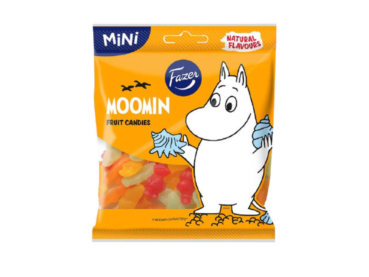 Moomin fruit candies in a yellow packet with a Moomin troll holding shells.