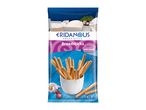 Greek style breadsticks with garlic in a white bowl, set against a blue and white background.