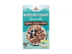 Granola with coconut, cashew, and almond, featuring a 'No Refined Sugars' label.