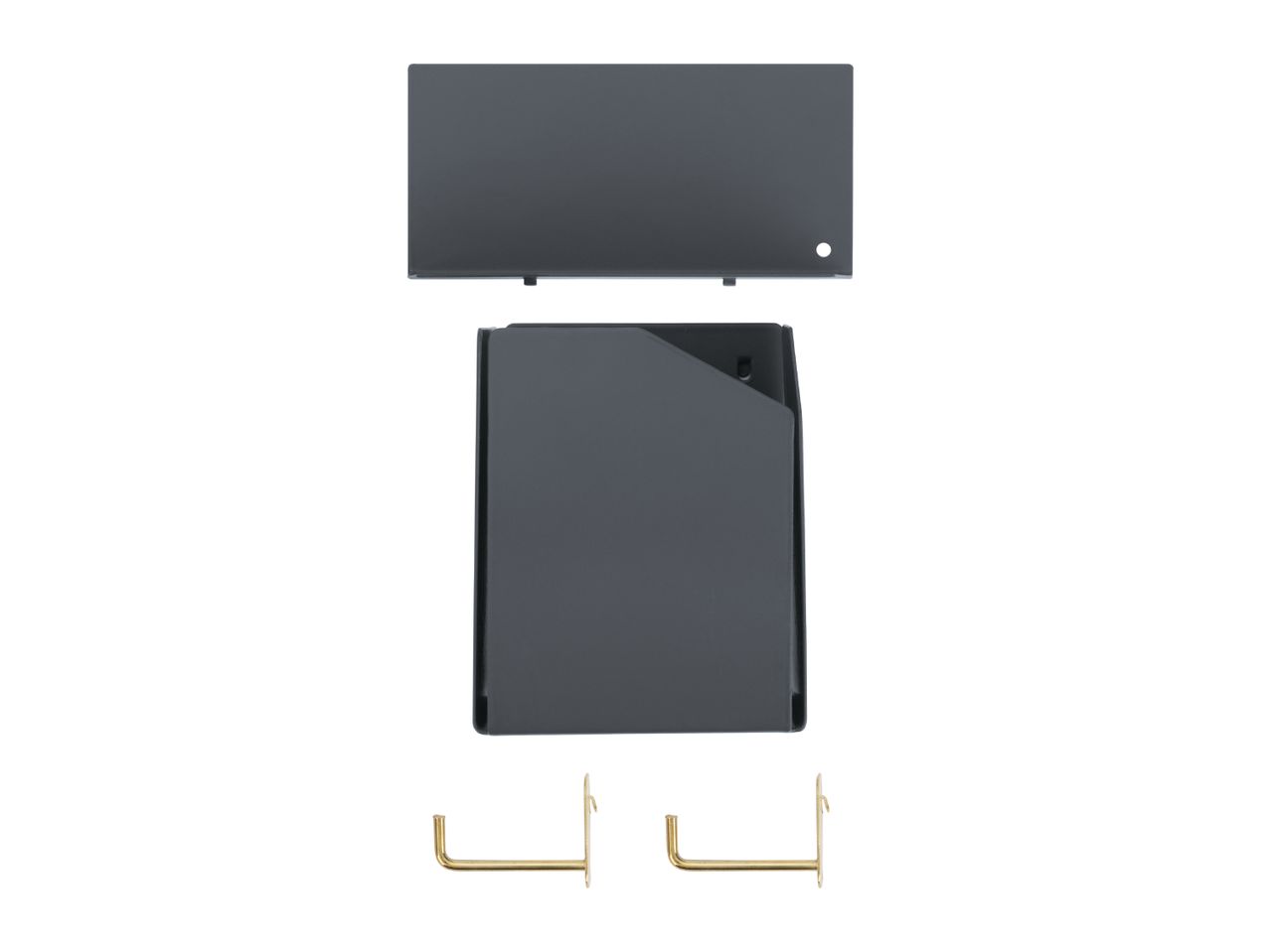 A dark gray wall-mounted letterbox with a lid and two golden hooks.