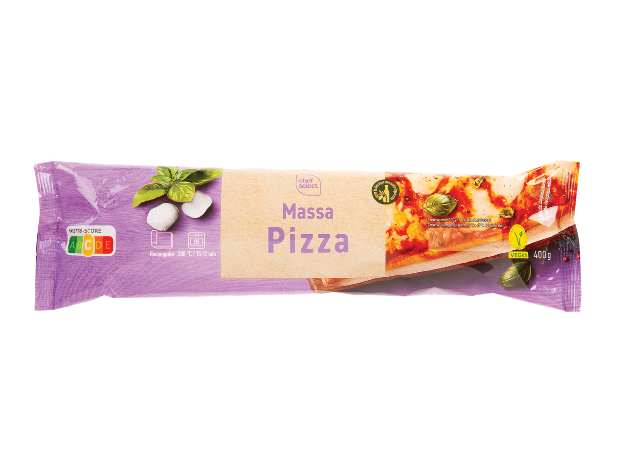 Embalagem de massa de pizza Chef Select com Nutri-Score A, instruções de cozedura e selo vegan.