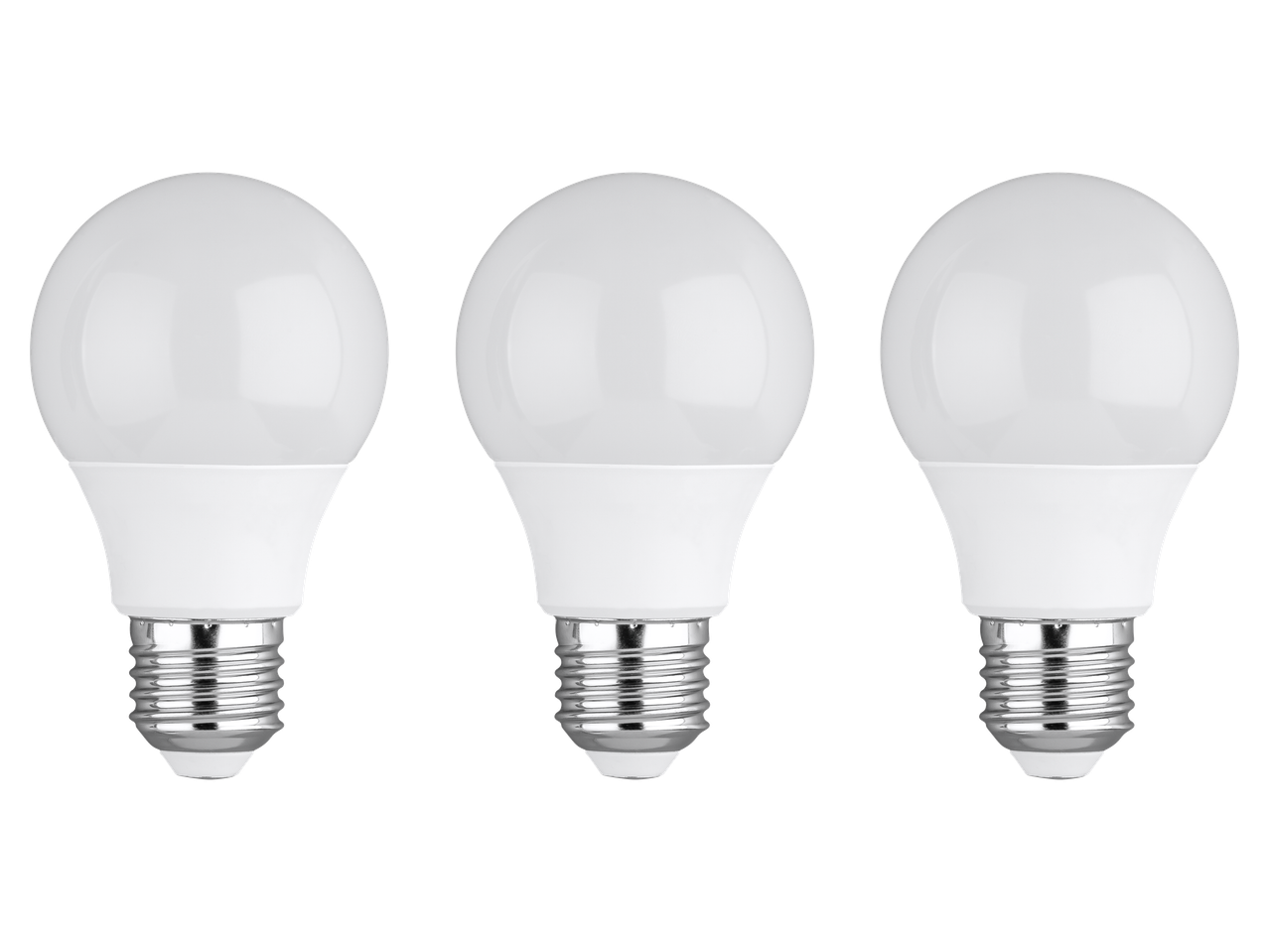 Τρεις λευκοί λαμπτήρες LED LIVARNO® με μεταλλική βιδωτή βάση σε μαύρο φόντο.