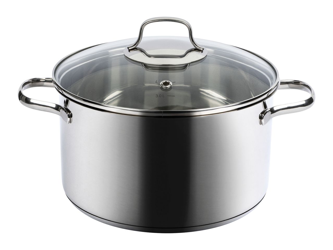 Stainless steel stock pot with glass lid.