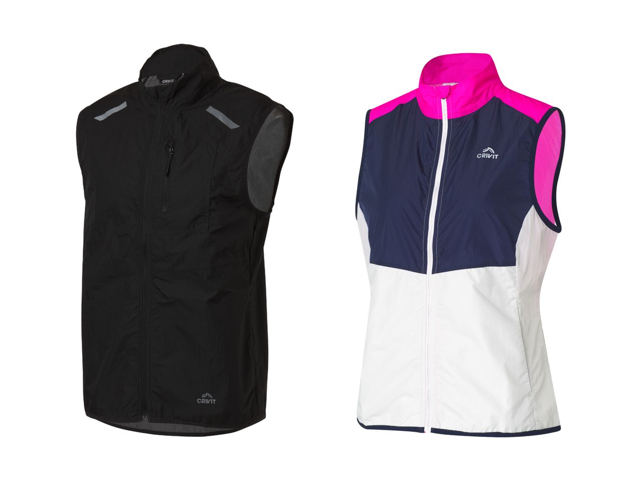 To Crivit løbeveste, en sort og en i navy, hvid og pink.