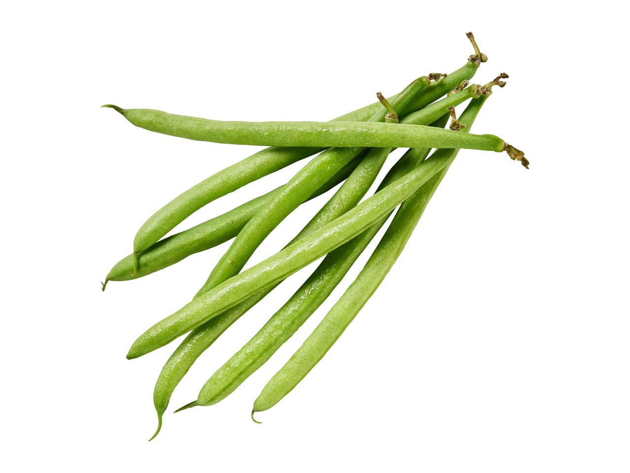 A pile of fresh green beans with water droplets on a white background.