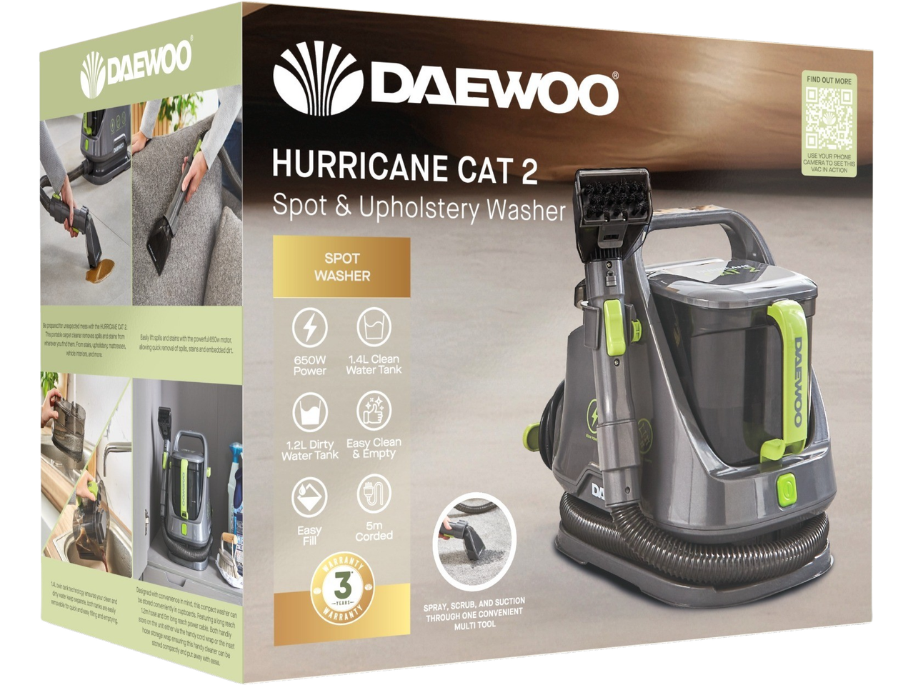 Daewoo Hurricane Cat 2 Spot & Upholstery Washer: a portable cleaning machine shown in its packaging.