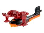 Toy seaplane in black and orange with red engines and flame decals, reading 'WATER BOMBER'.