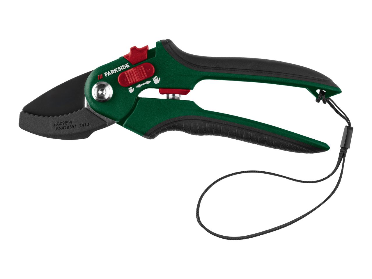 Green and black garden secateurs with a wrist strap