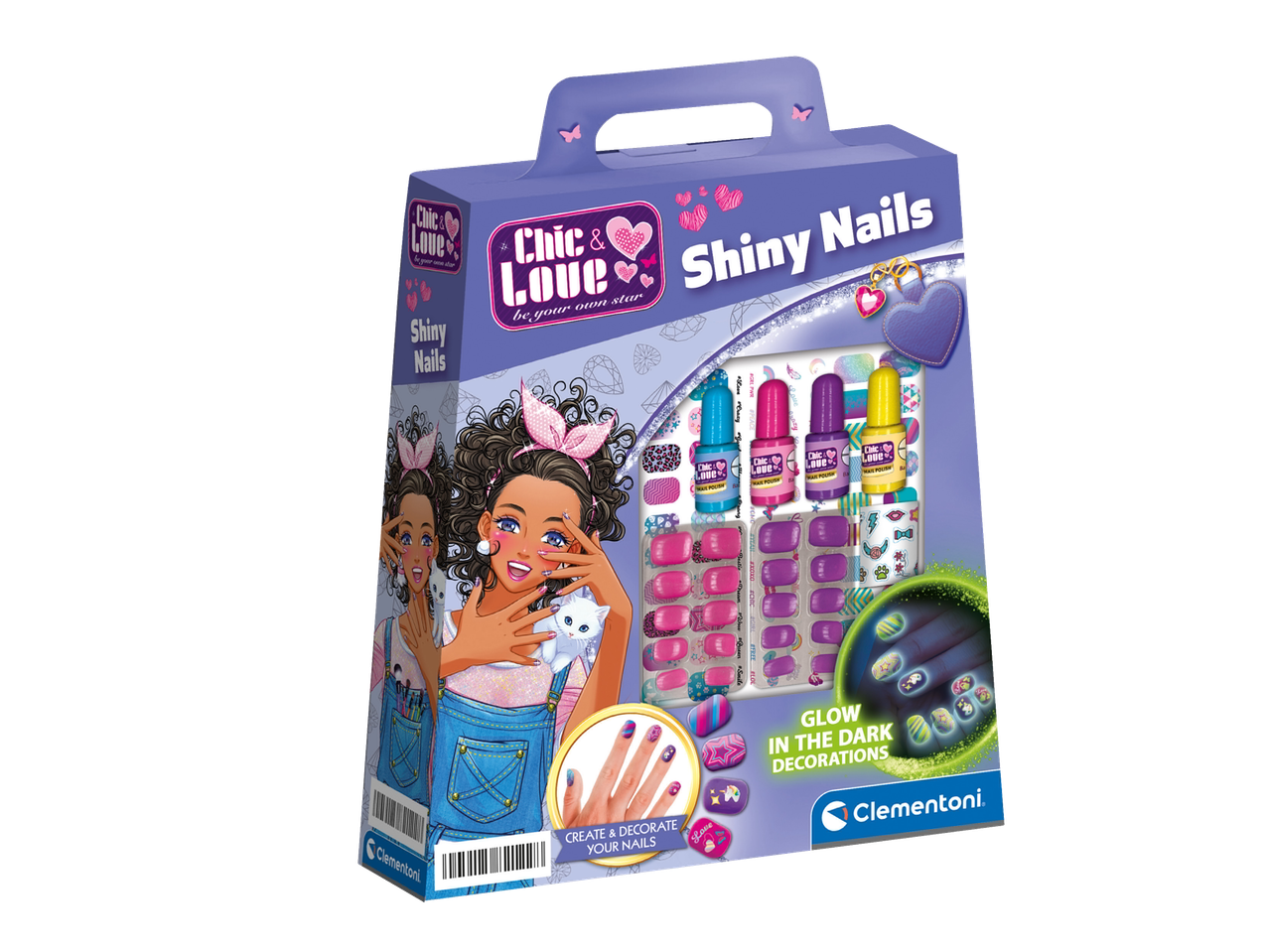 Clementoni Chic & Love Shiny Nails küünekomplekt lakkide, kleebiste ja pimedas helendavate kaunistustega.