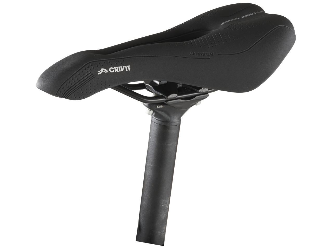 Selle de vélo noire avec inscription 'AVESYSTEM' et '12Nm' sur la tige de selle.