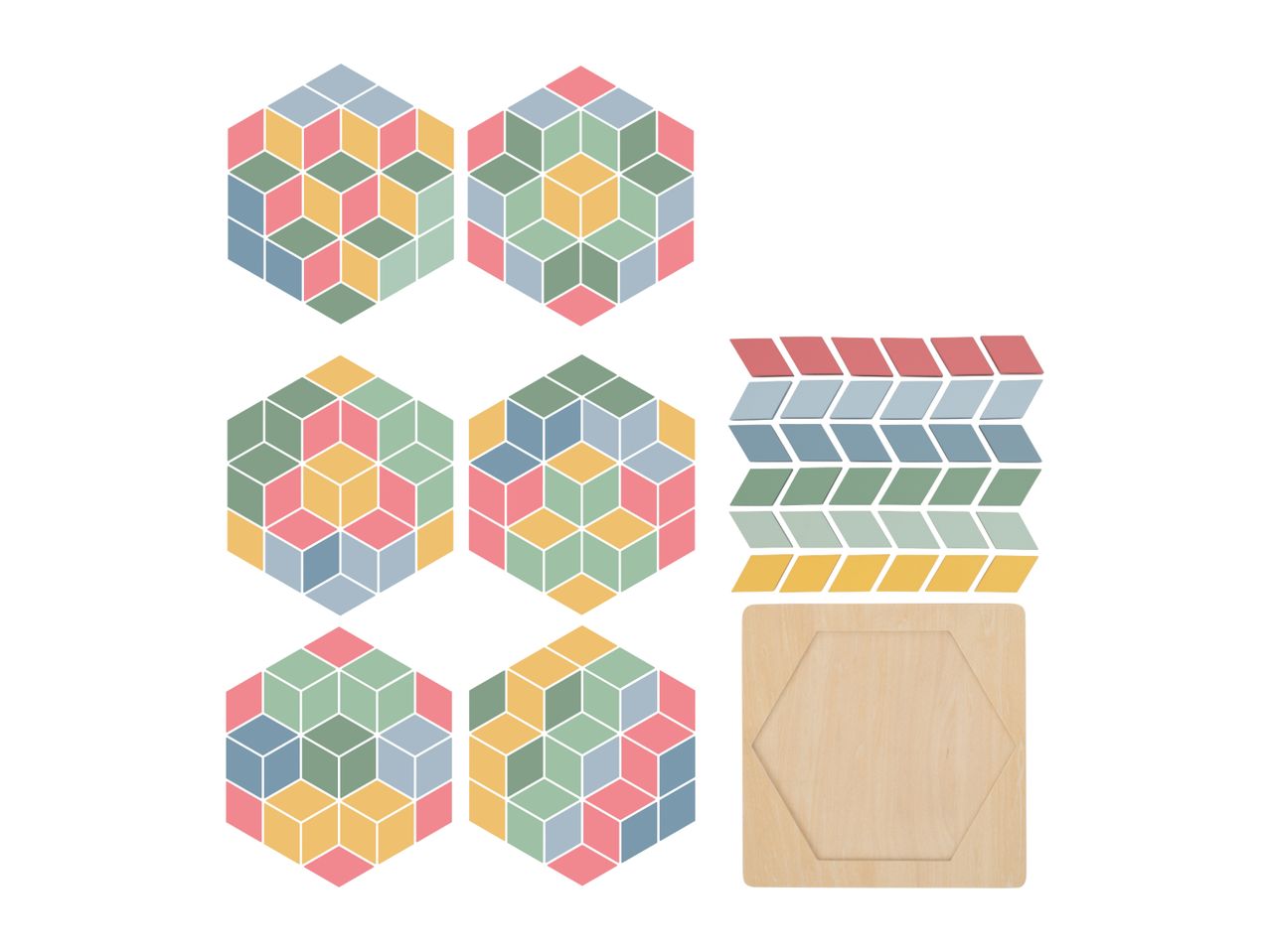 Hexagonal puzzle with colorful rhombus pieces and a wooden base