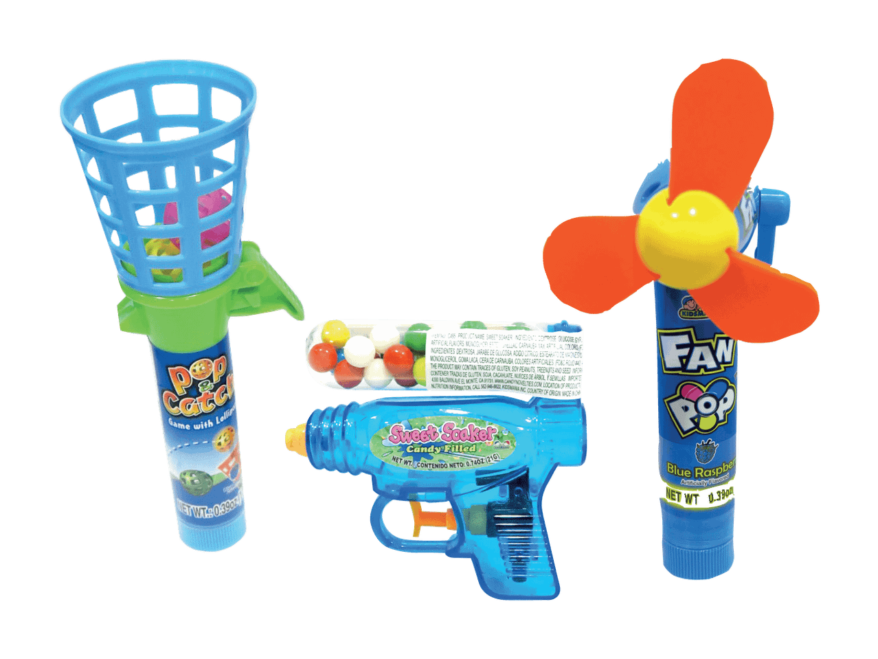 Drei Kinderspielzeuge: ein Ballwerfer, eine Wasserpistole und ein Fächer.