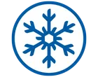Σήμα κατεψυγμένου προϊόντος με μπλε νιφάδα χιονιού σε λευκό κύκλο.