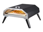 Portable pizza oven with a cooked pizza inside, on a white background.