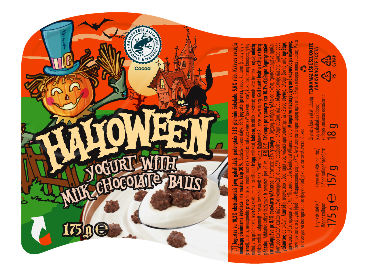 HALLOWEEN jogurtas su šokoladiniais rutuliukais, su „Rainforest Alliance“ sertifikatu.