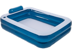 Blue and white inflatable pool with headrest.