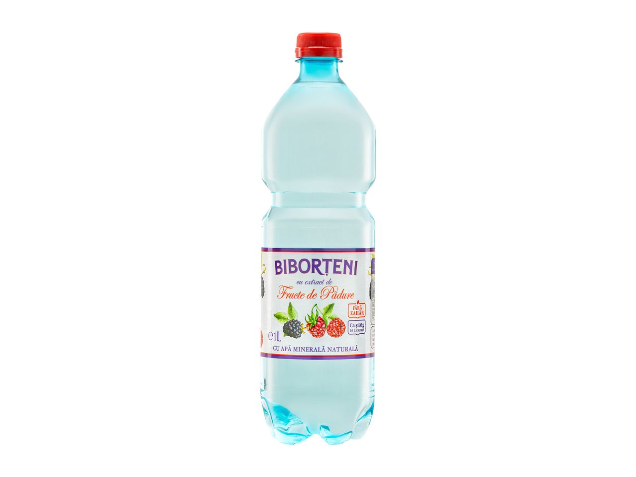 O sticlă de apă minerală Biborțeni cu aromă de fructe de pădure.