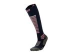 A single dark blue ski sock with pink and grey stripes and accents.